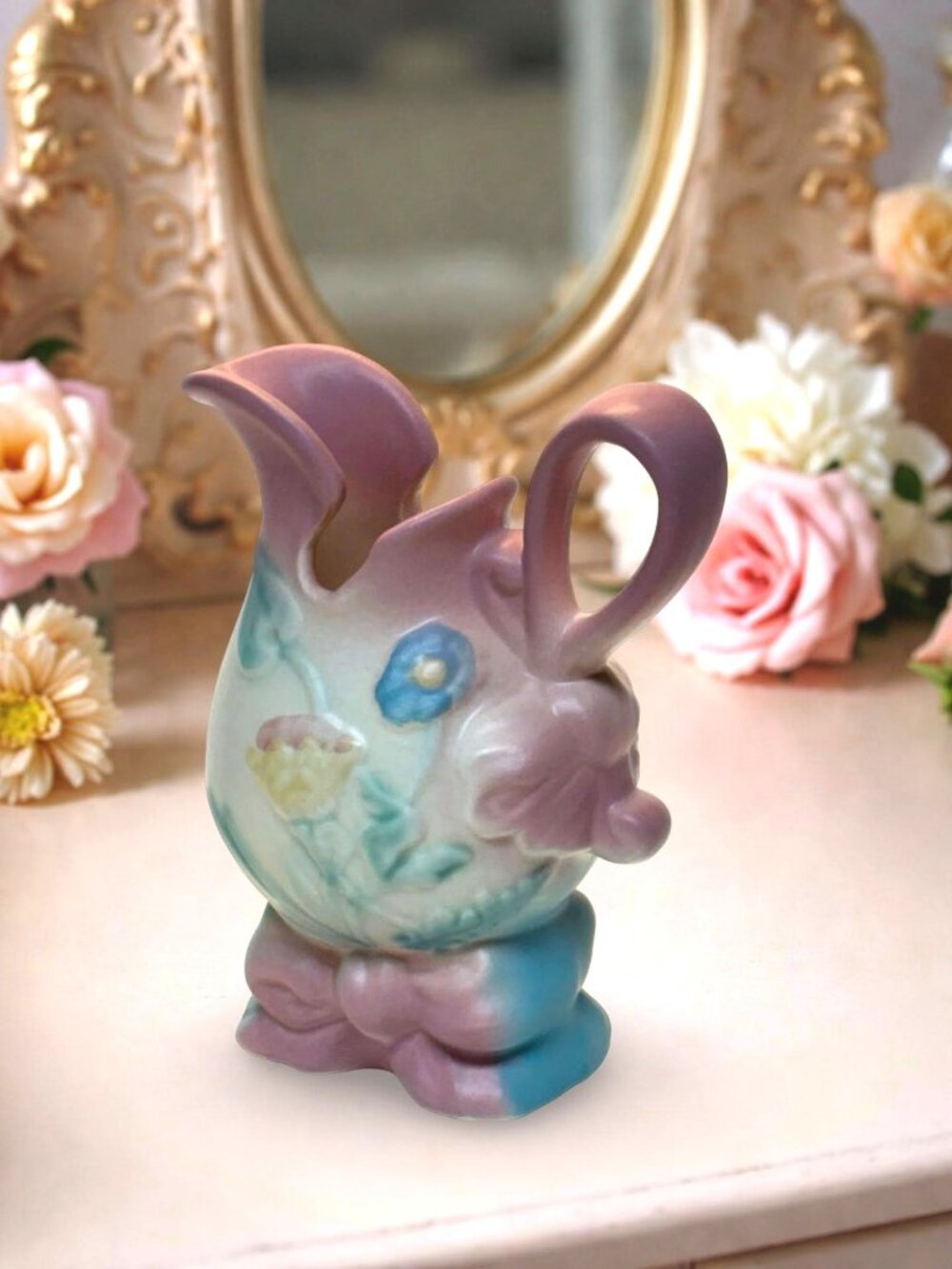 Vintage Hull Pottery Pitcher Bow Knot 1930s Blue Pink Pitcher B1 5 1/2  CottageC - Picture 2 of 6